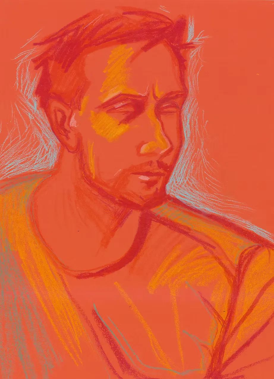 Pastel portrait of a man in three-quarter profile looking left, rendered in warm red and orange tones on a red-orange background.