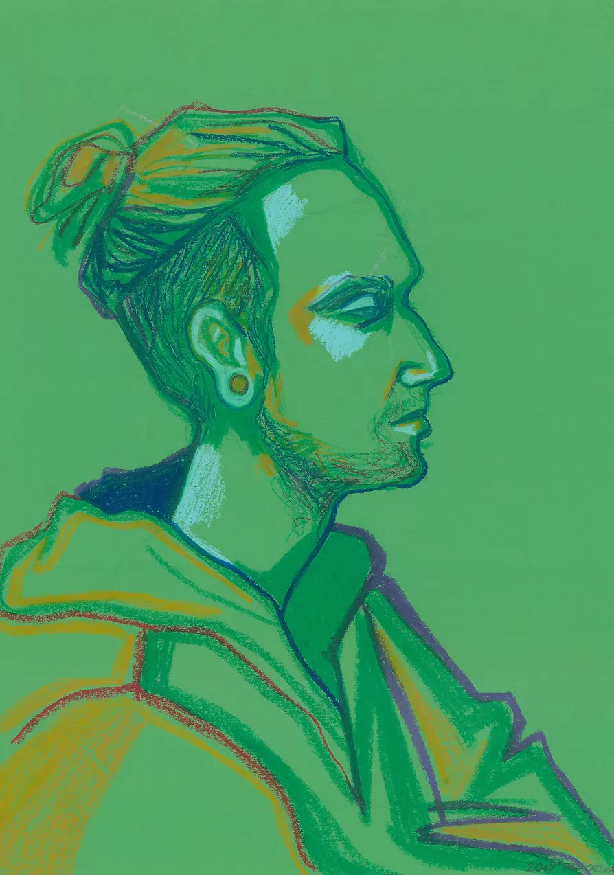 Pastel portrait of a person with hair in a bun and an ear gauge, in side profile, rendered in green and yellow tones on a bright green background.