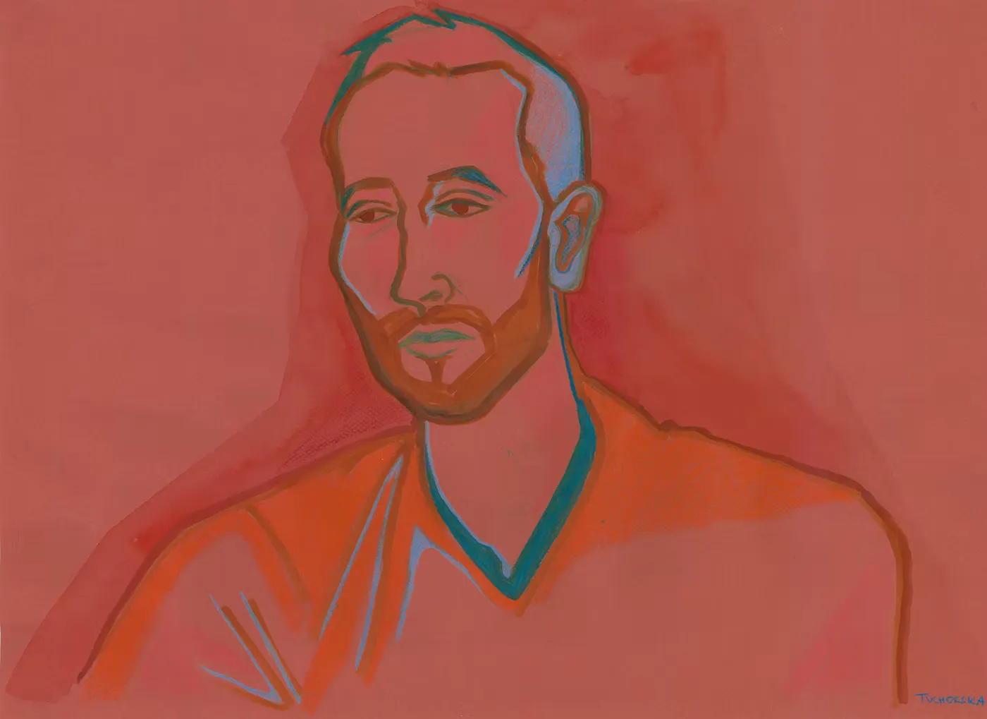 Pastel portrait of a bearded man facing forward, rendered in red and coral tones with teal accents on a red background.