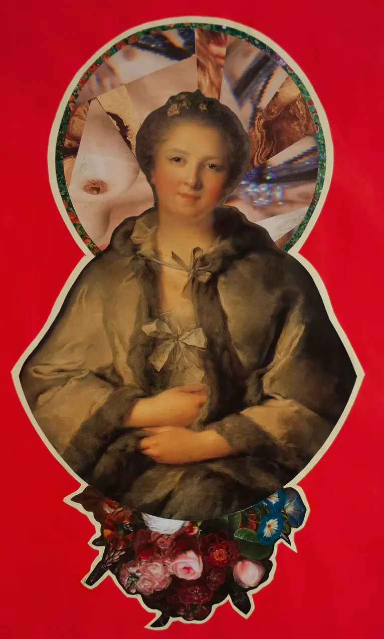 Surreal mixed media collage titled Bloom, from The Holy Ground series, exploring growth and femininity.