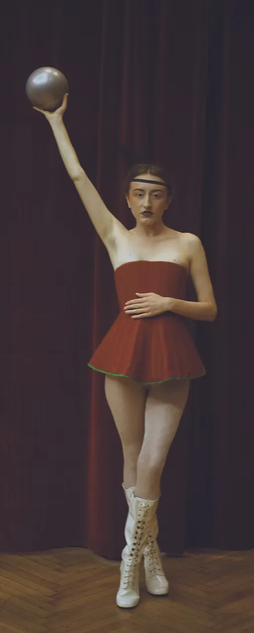 A performer stands on a wooden stage before deep crimson curtains in a red strapless tutu with green trim and white laced boots, one arm raised to hold a metallic sphere aloft. Athletic precision and theatrical spectacle as one.