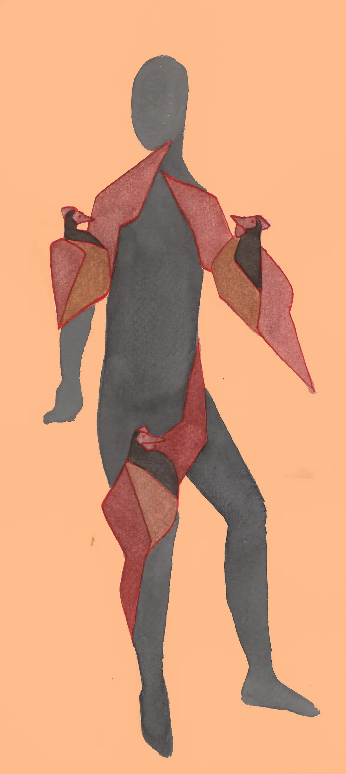Design illustration of a gray humanoid figure draped with angular red fabric panels, small birds nestled at each shoulder. A concept drawing for a puppet or performance character, rendered in pencil and watercolor on a peach ground.