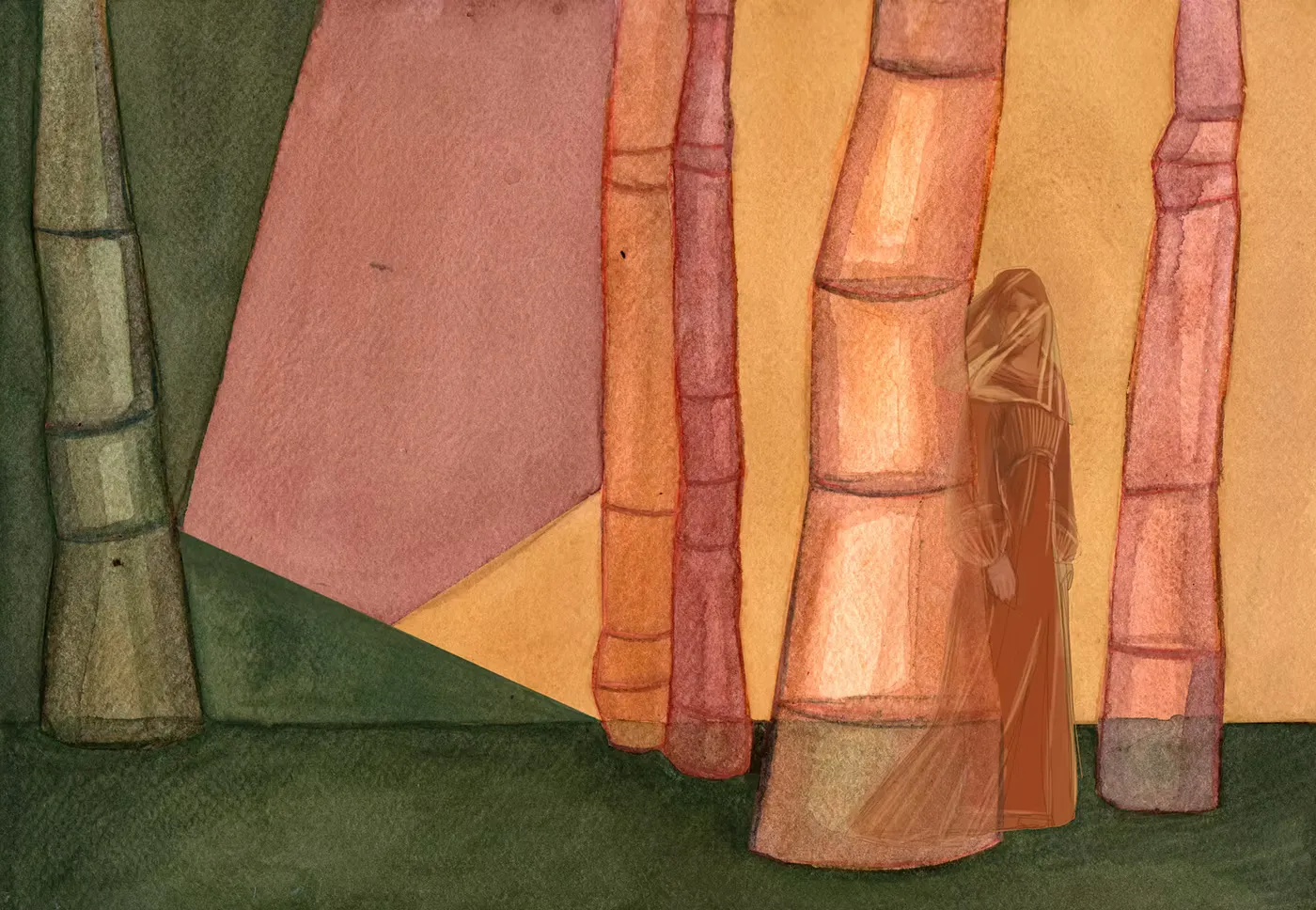 Watercolor illustration — a small hooded figure stands among towering bamboo columns in warm ochre and rose tones, set against geometric fields of green and tan. Quiet and dreamlike.