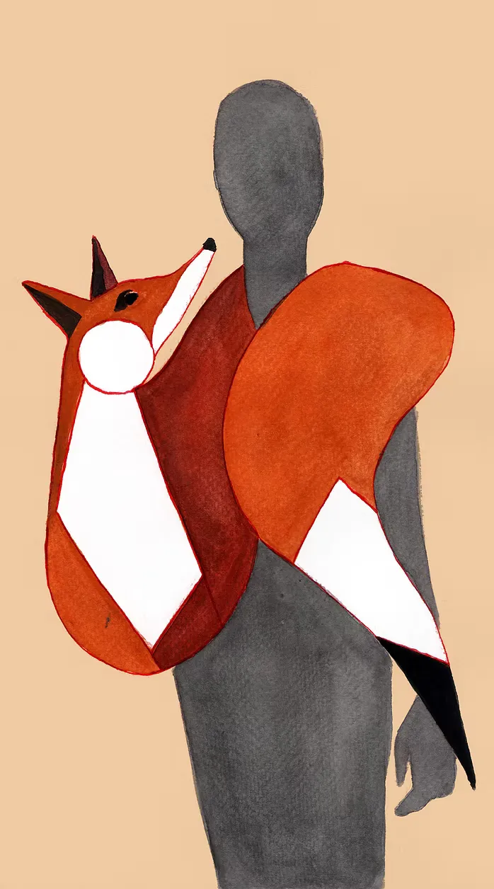 Watercolor illustration — a gray humanoid silhouette carries a large fox on its back, rendered in vivid orange and white against a salmon ground. Graphic and fable-like.