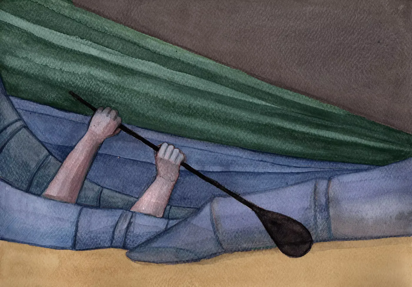 Watercolor illustration — bare arms emerge from a narrow vessel beneath a sweep of green cloth, the figure hidden by blue-gray geometric forms suggesting water. Only the hands and oar are visible.