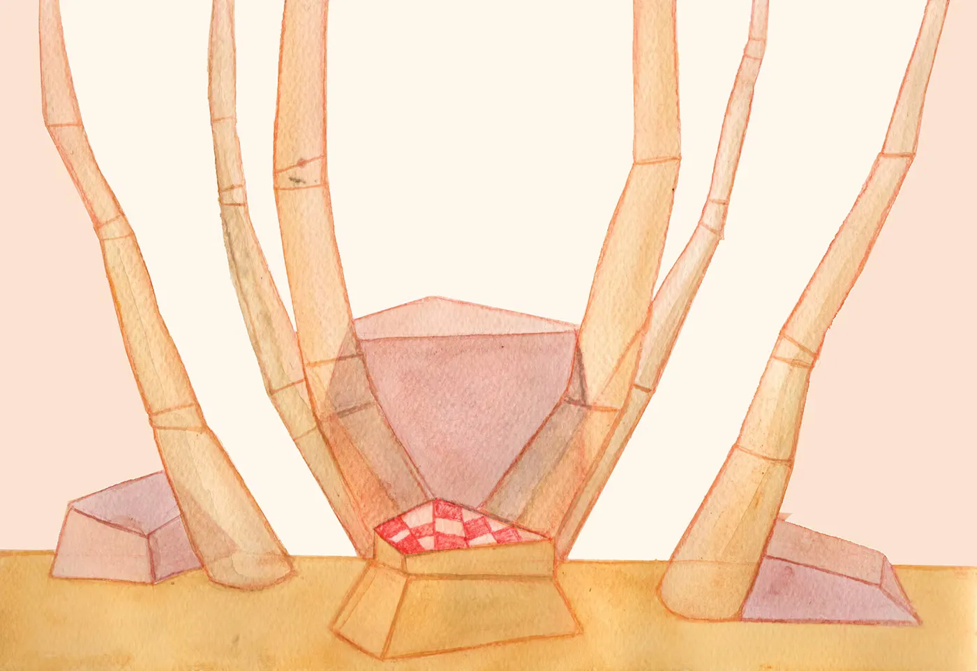 Watercolor illustration — three tall bamboo-like poles rise from sandy ground flanked by angular geometric rock forms, a small red patterned element at the centre base. Minimal, architectural, quietly ceremonial.