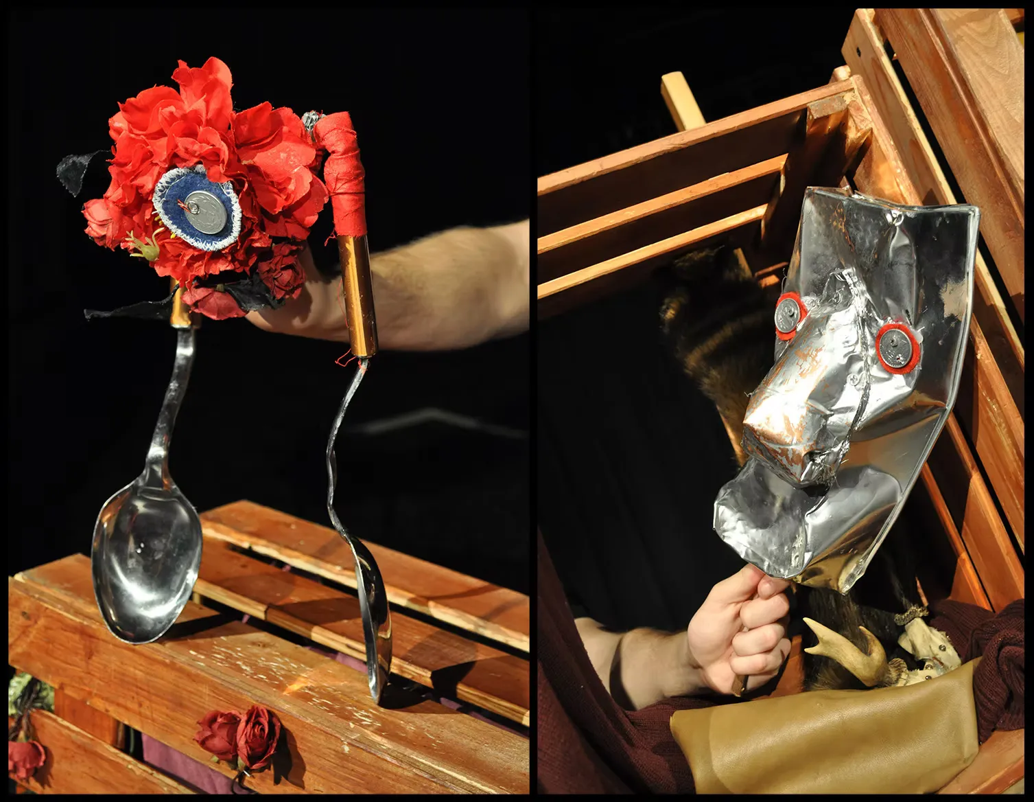Diptych of two found-object puppets in performance — a silver spoon crowned with red fabric flowers and a badge held over a wooden stage strewn with dried roses; a crumpled metallic foil form with button eyes operated from a wooden box. Everyday objects granted strange life.