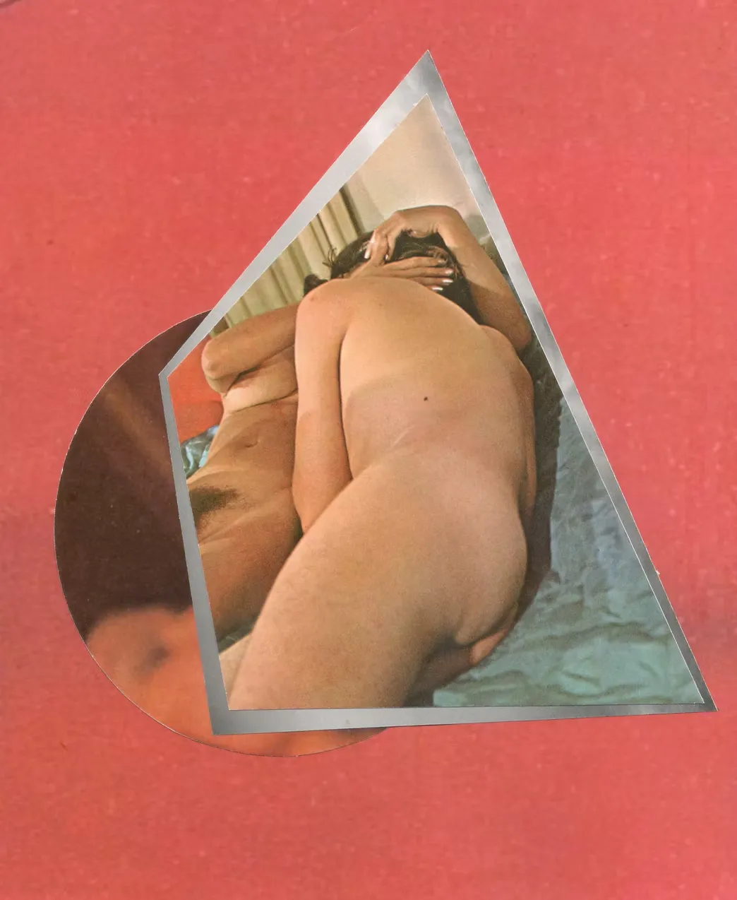 Mixed media collage with multiple, partially visible nude figure, no visible faces, geometric shapes, on a colored background.