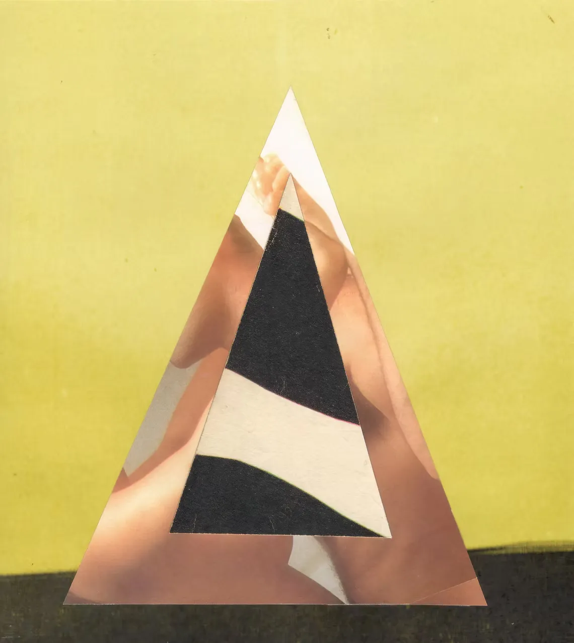 Mixed media collage with multiple, partially visible nude figure, no visible faces, geometric shapes, on a colored background.