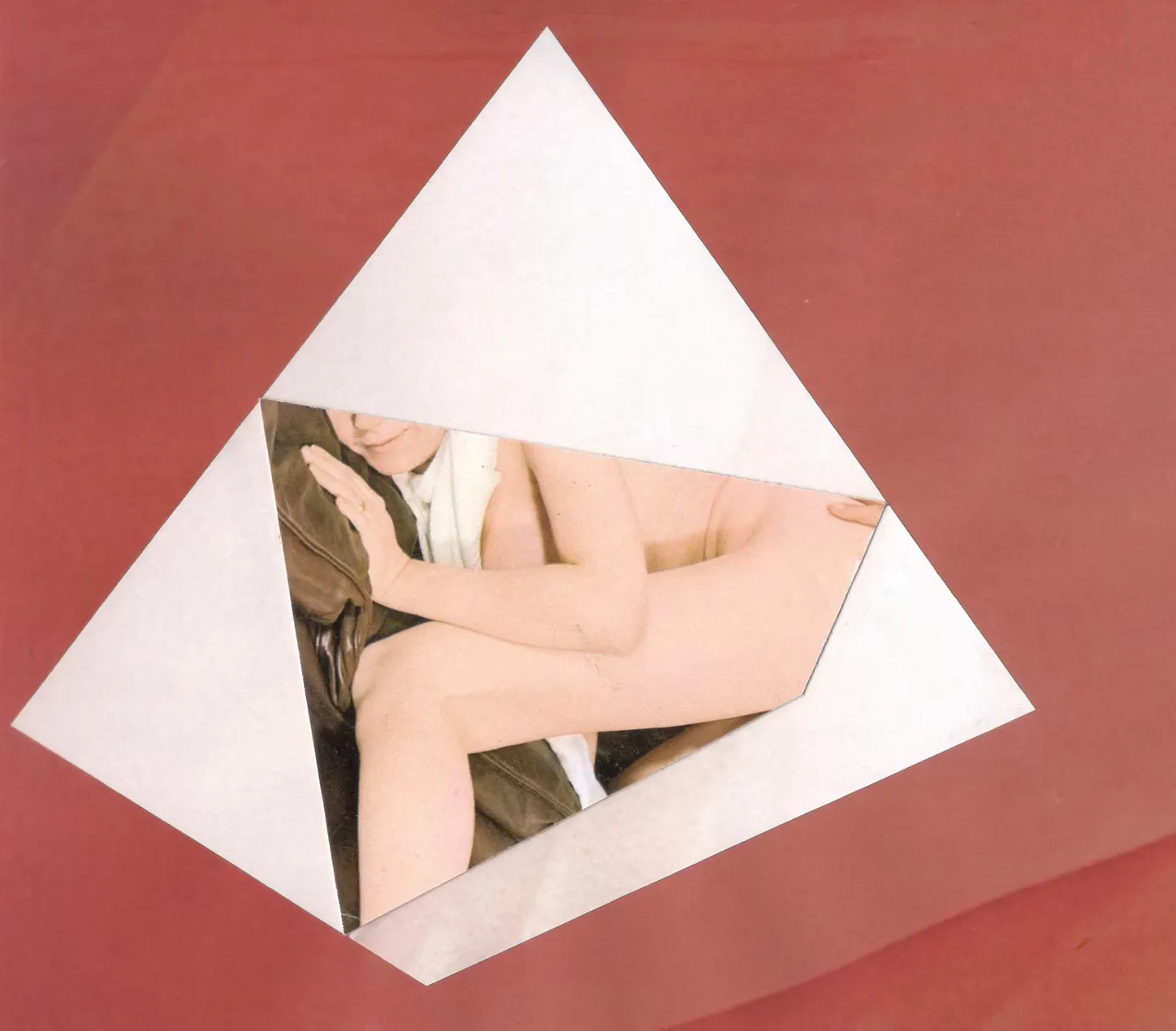 Mixed media collage with multiple, partially visible nude figure, no visible faces, geometric shapes, on a colored background.