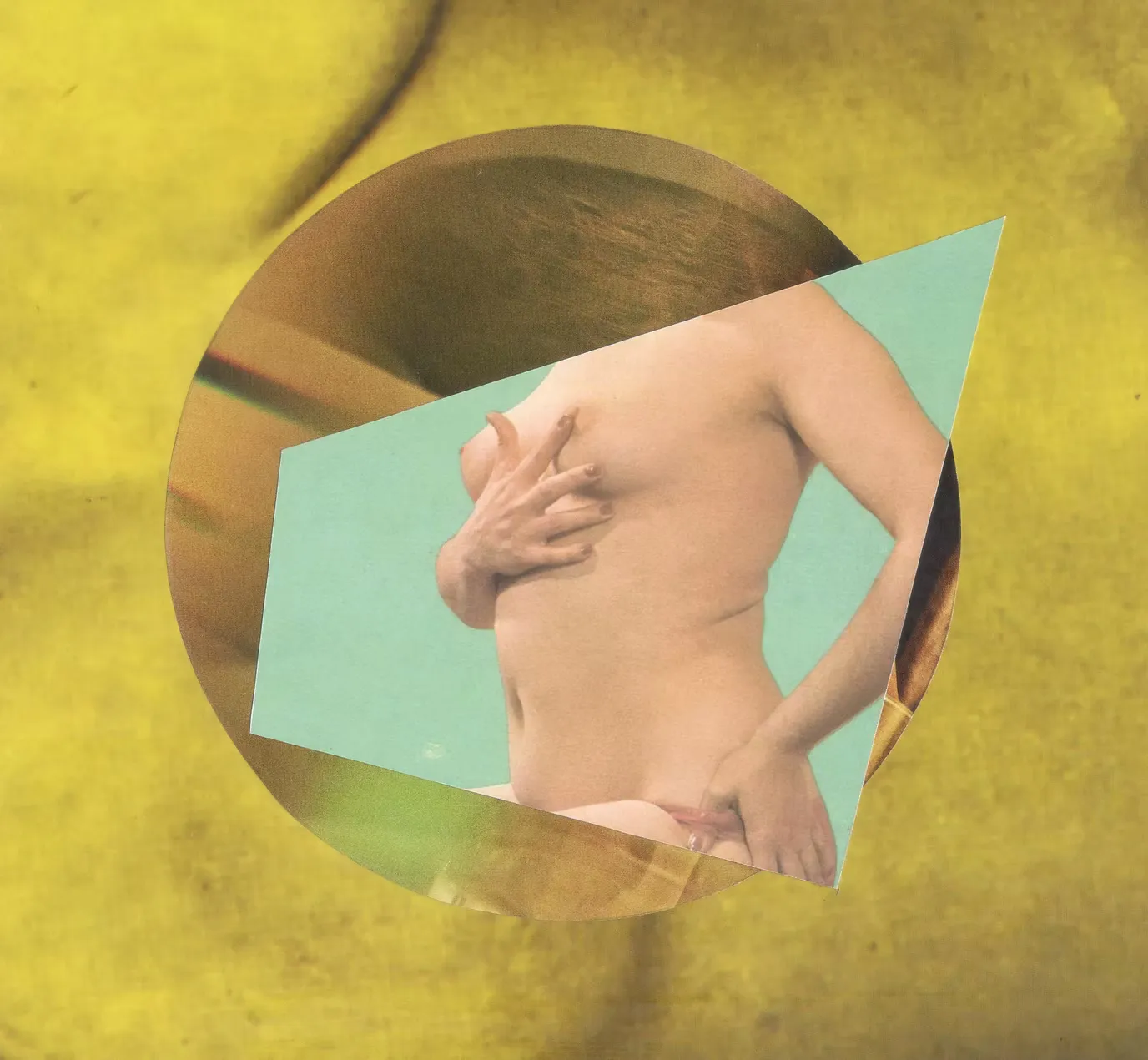 Mixed media collage with multiple, partially visible nude figure, no visible faces, geometric shapes, on a colored background.