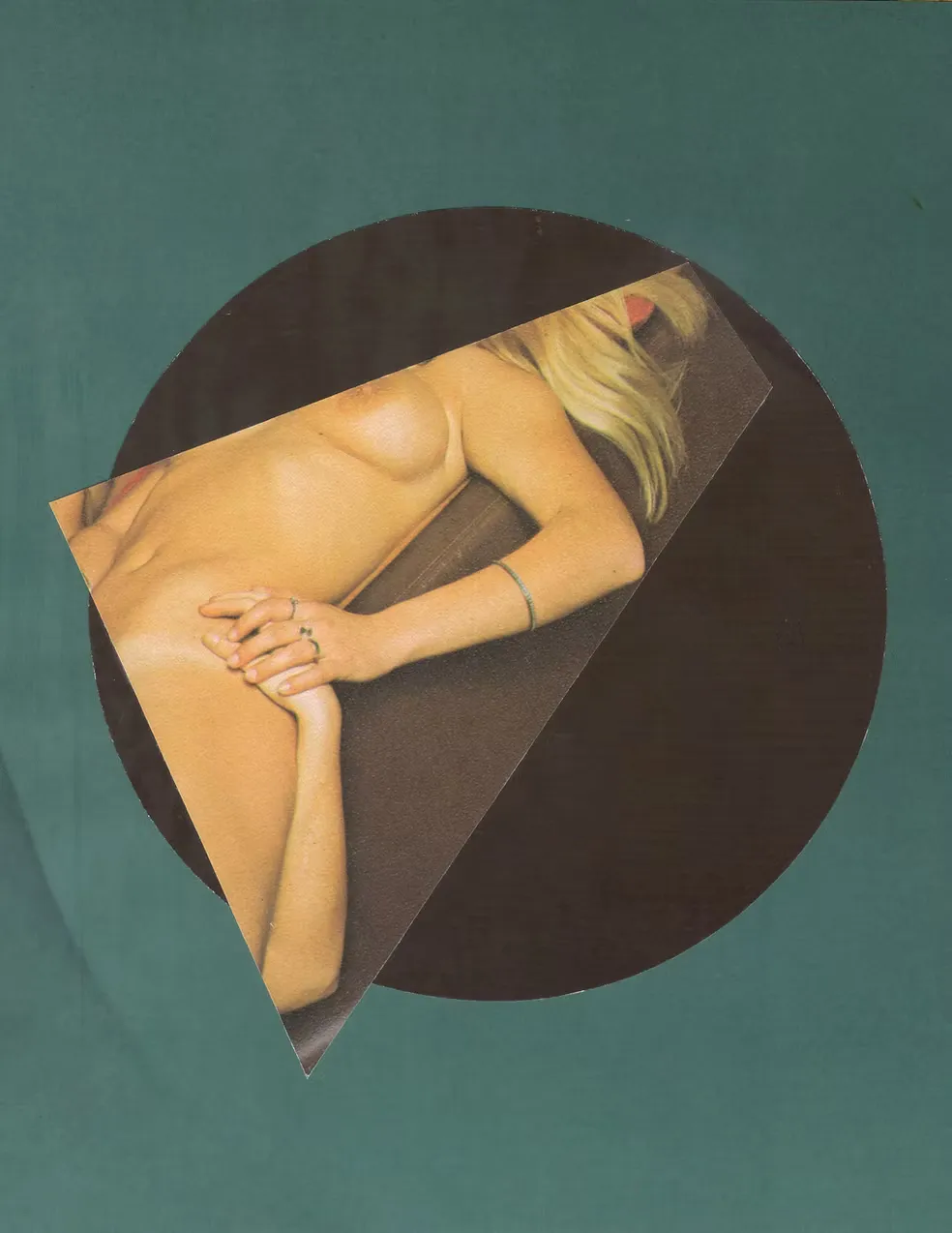 Mixed media collage with multiple, partially visible nude figure, no visible faces, geometric shapes, on a colored background.