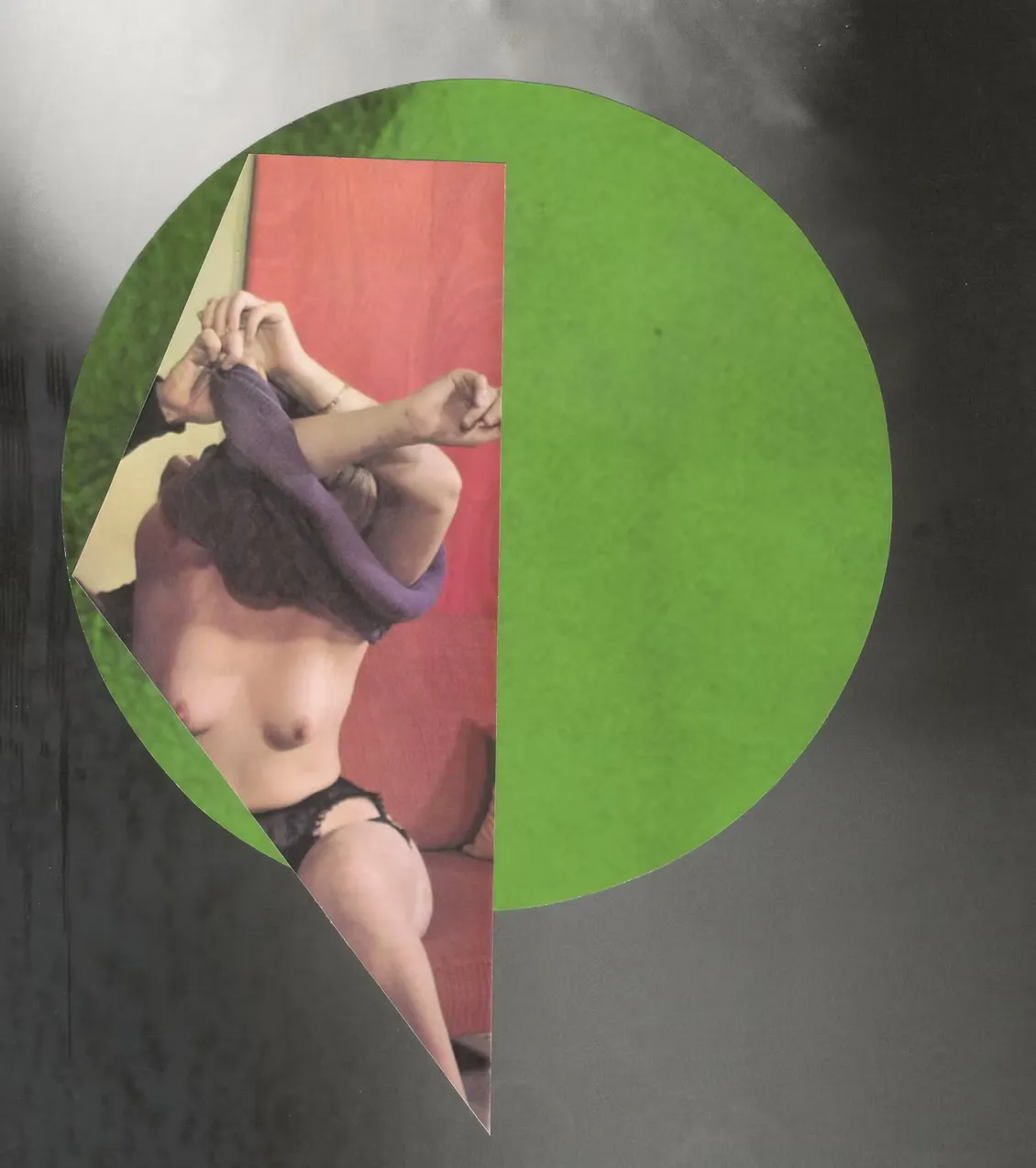 Mixed media collage with multiple, partially visible nude figure, no visible faces, geometric shapes, on a colored background.