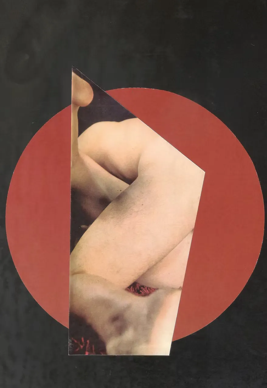 Mixed media collage with multiple, partially visible nude figure, no visible faces, geometric shapes, on a colored background.