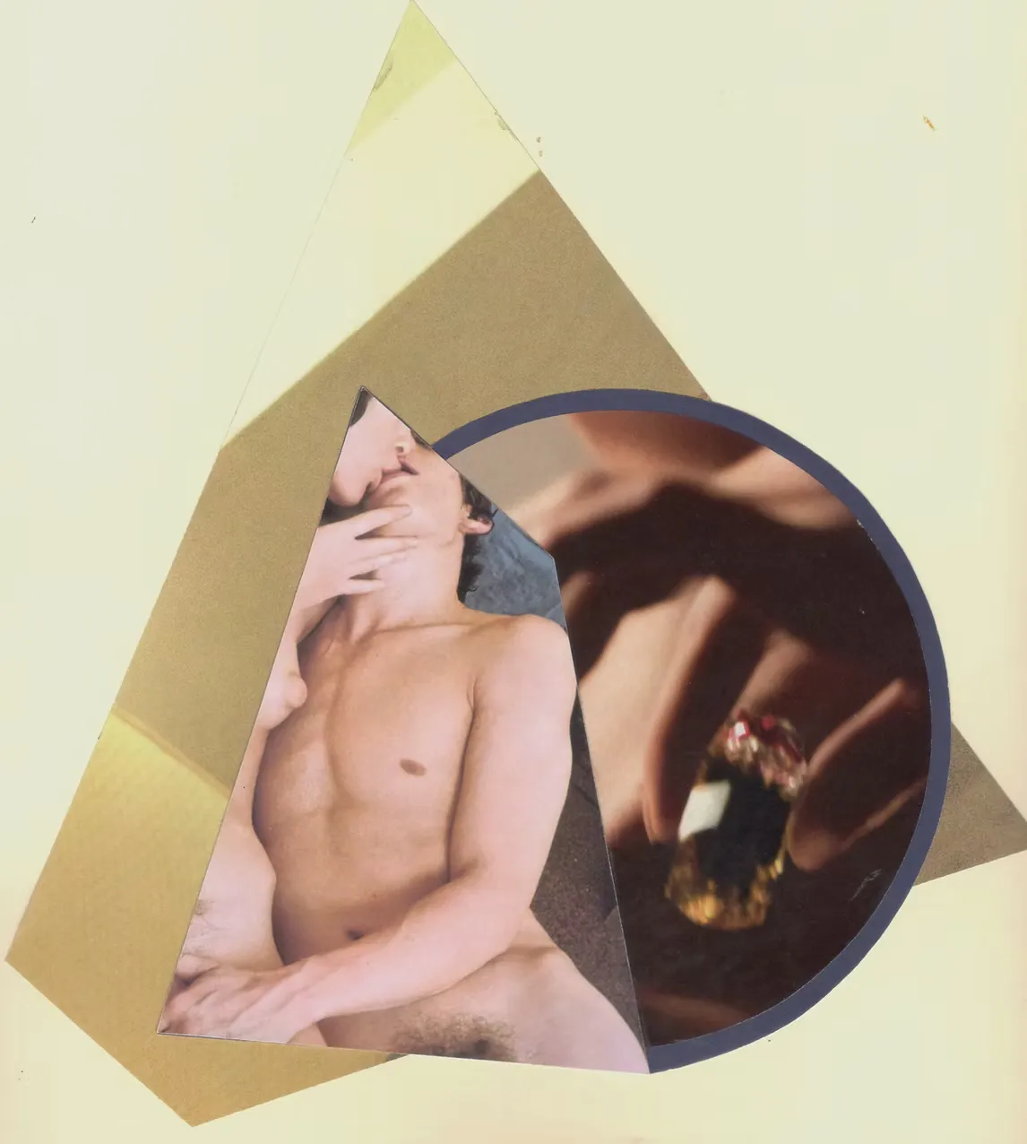 Mixed media collage with multiple, partially visible nude figure, no visible faces, geometric shapes, on a colored background.